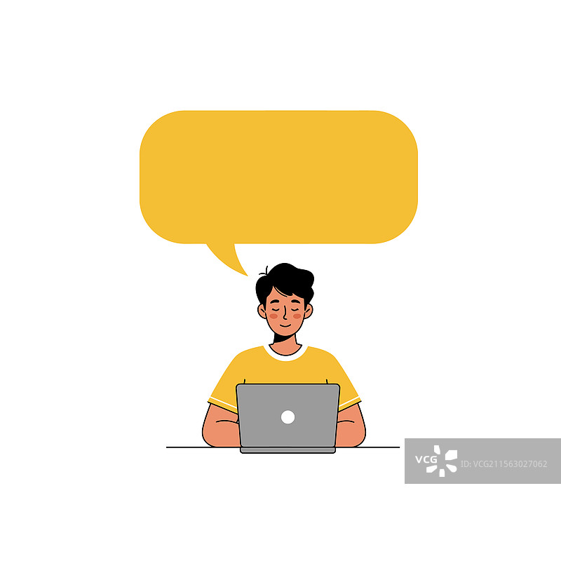 卡通人物使用笔记本电脑并带有对话气泡图片素材