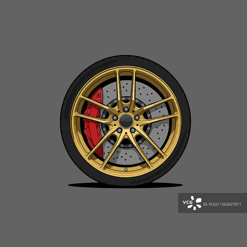 灰色背景上的金色汽车轮毂与红色刹车卡钳图片素材