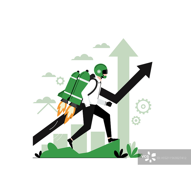 带火箭背包的男子向上奔跑，象征着成长。图片素材