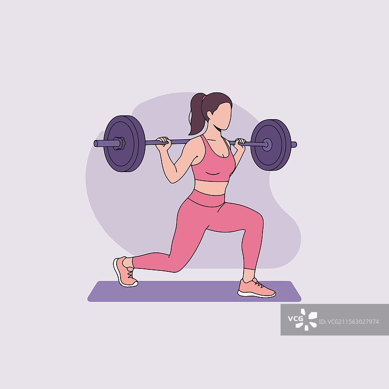 穿着粉色的女性在做杠铃弓步练习图片素材