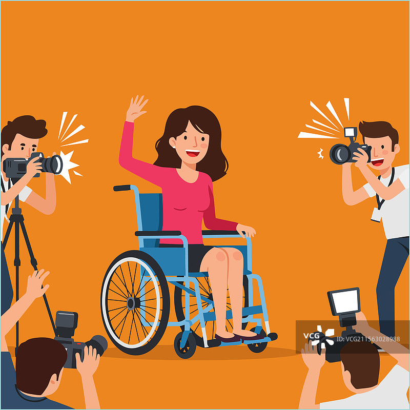坐在轮椅上的女性向橙色背景中的狗仔队挥手图片素材