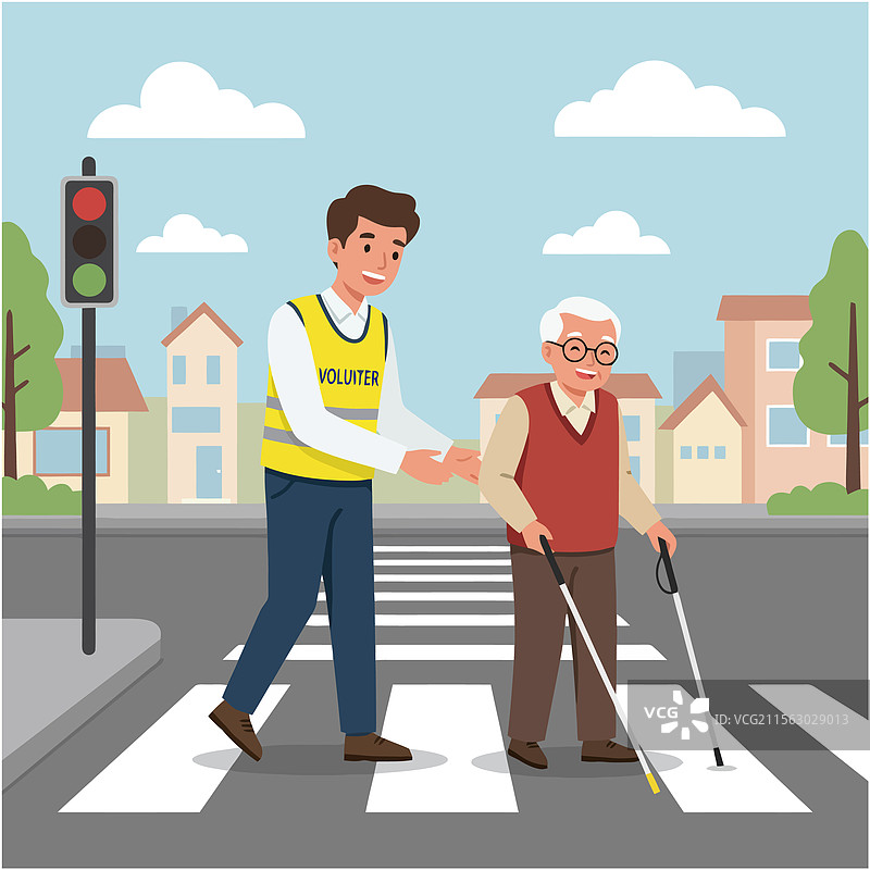 志愿者帮助盲人老年人过马路图片素材