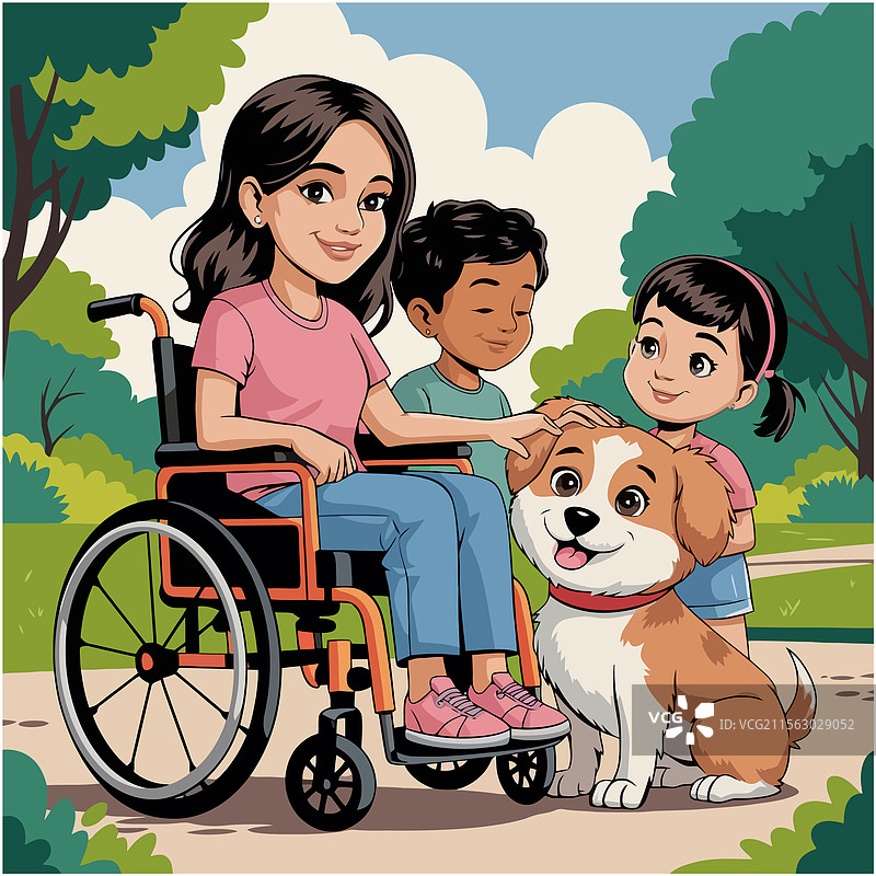 坐在轮椅上的女人与孩子和狗在一起图片素材