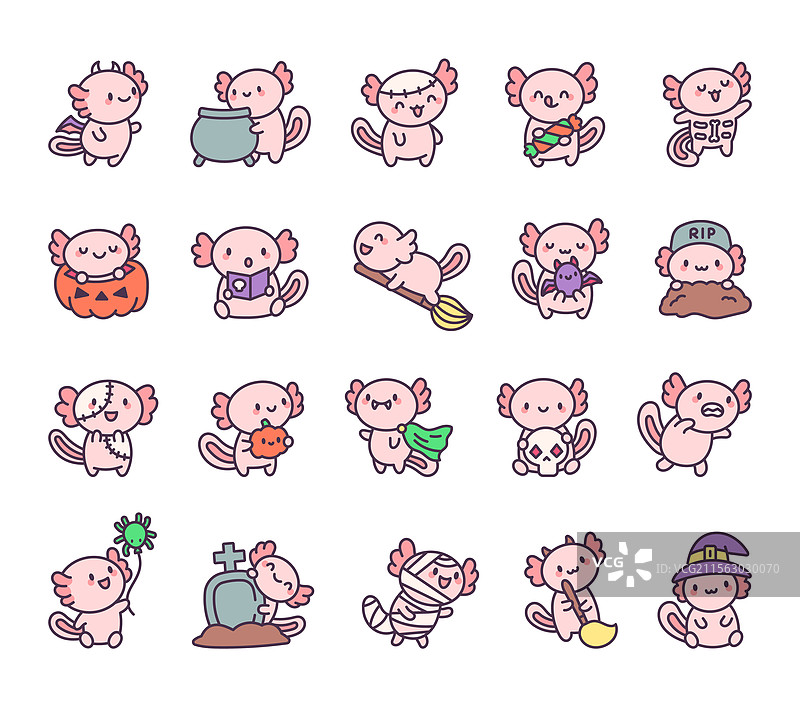 万圣节可爱的墨西哥钝口螈卡通角色系列图片素材