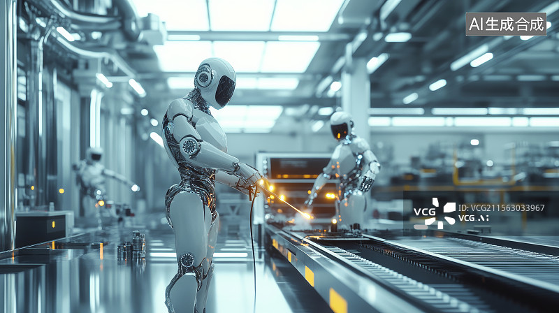 【AI数字艺术】机器人独自在工业通道内思考系统指令图片素材