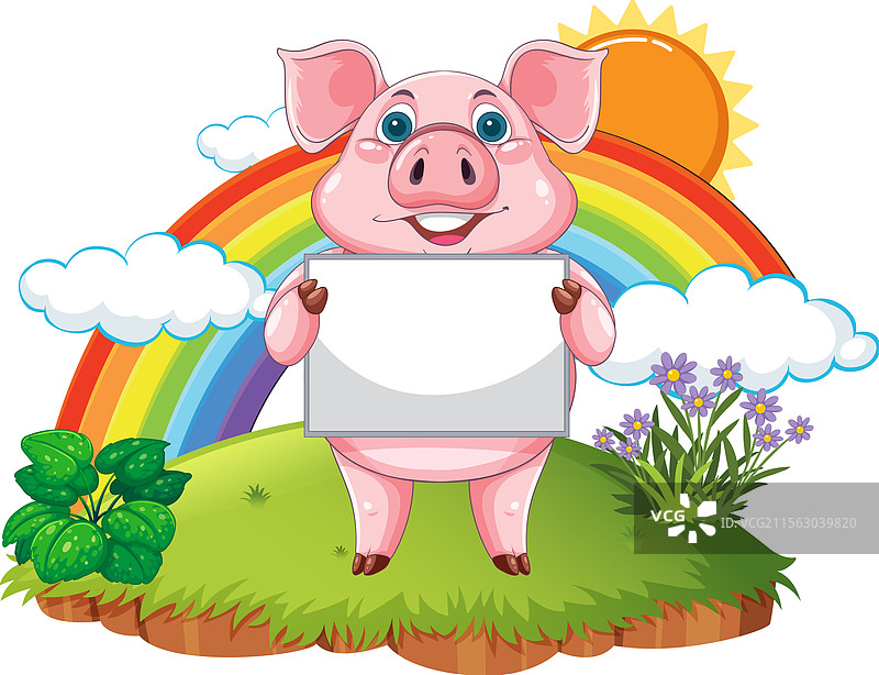 微笑的猪在户外举着一块空白的标牌图片素材
