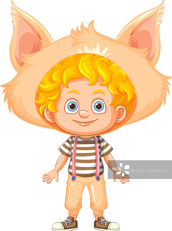 微笑的男孩戴着一顶大型动物主题的帽子图片素材