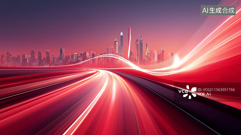 【AI数字艺术】商务科技红色背景——抽象发光道路与远处的未来城市天际线图片素材