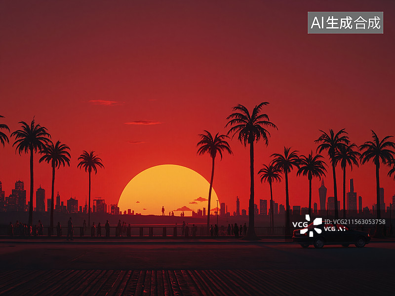 【AI数字艺术】夕阳下的城市剪影图片素材
