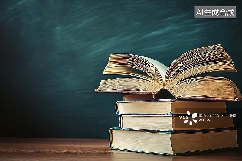 【AI数字艺术】黑板背景下打开书页一摞书——教育主题图片素材