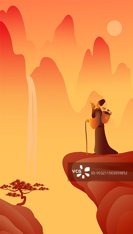 中国风山水景致中医李时珍采药爬山图片素材