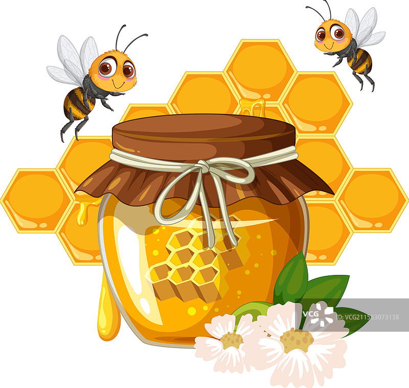 蜜蜂在蜂蜜罐和花朵周围嗡嗡作响图片素材