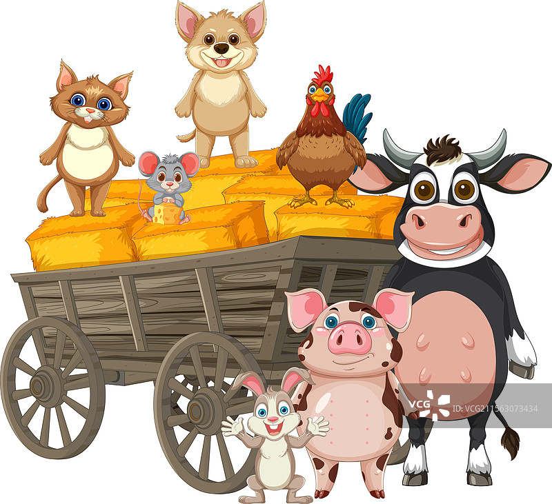 卡通动物聚集在木制干草车上图片素材