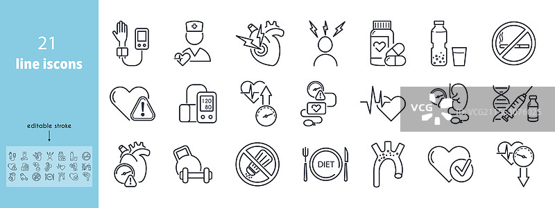 高血压线条图标集 心脏 血压计图片素材