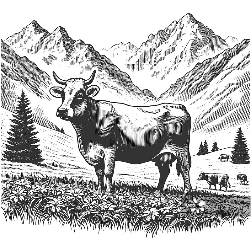 山地风景中的放牧牛雕刻图片素材