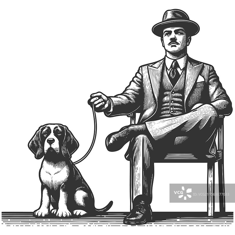 绅士与忠诚狗狗的雕刻图案图片素材