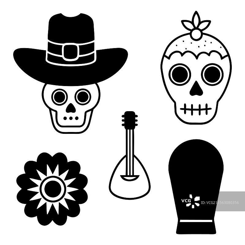 戴着帽子和传统装饰的亡灵节骷髅艺术图片素材