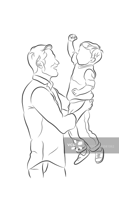 这是一个温馨的线条画，描绘了一位父亲在举起孩子。图片素材
