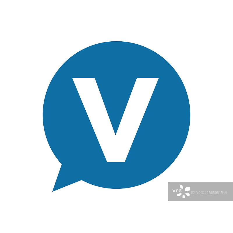 蓝色对话气泡中的字母V标志图片素材