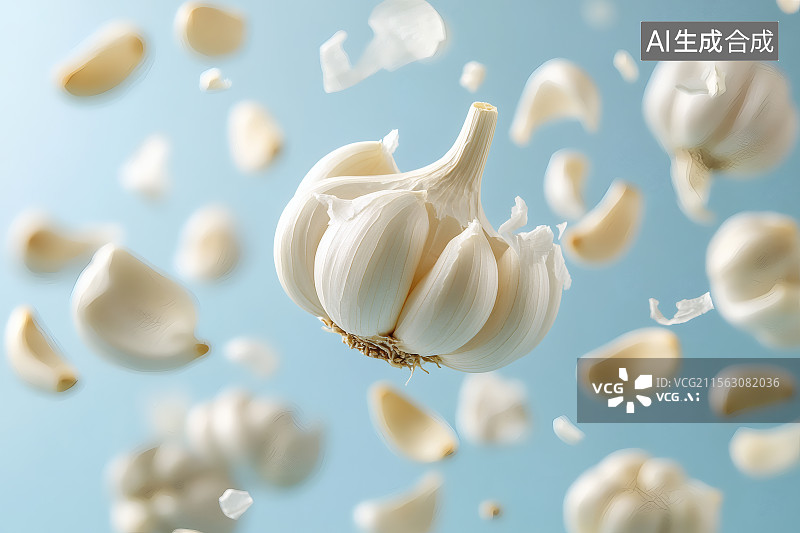 【AI数字艺术】新鲜的大蒜在空中飞舞图片素材
