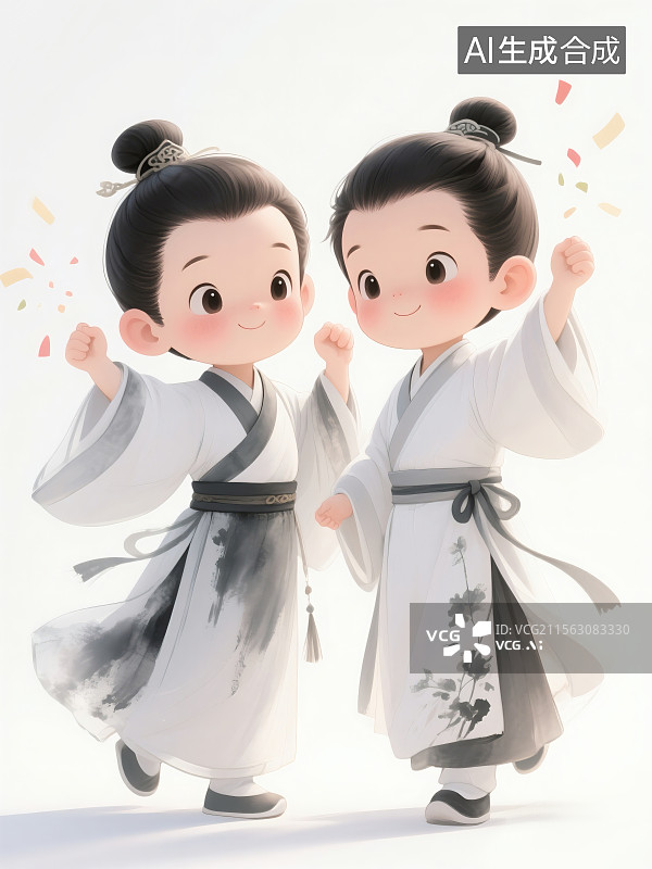 【AI数字艺术】水墨国风少年开心庆祝图片素材