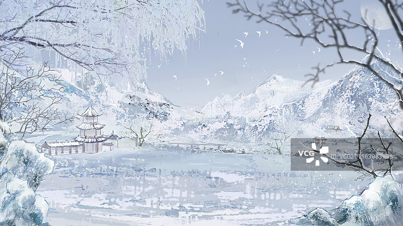 雪景湖面古建筑图片素材