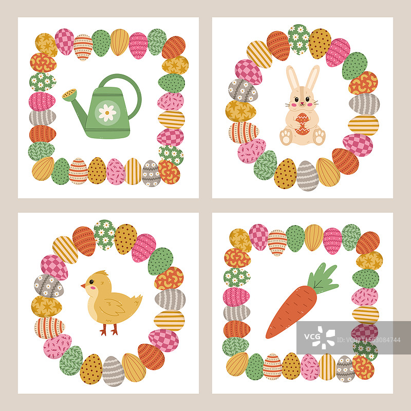 可爱的复活节明信片套装，带有卡通涂鸦图片素材