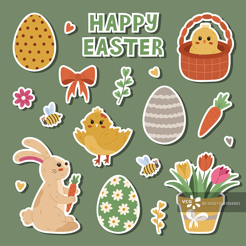 可爱的春天和复活节彩蛋狩猎贴纸套装图片素材