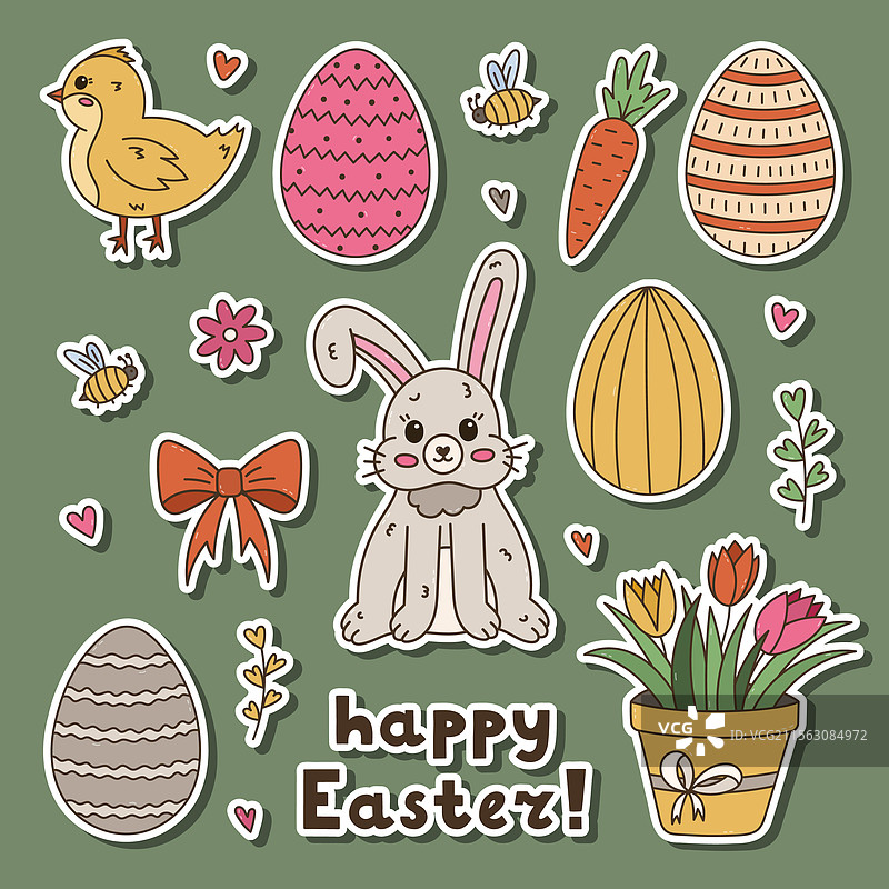 五彩缤纷的涂鸦快乐复活节和春天贴纸图片素材