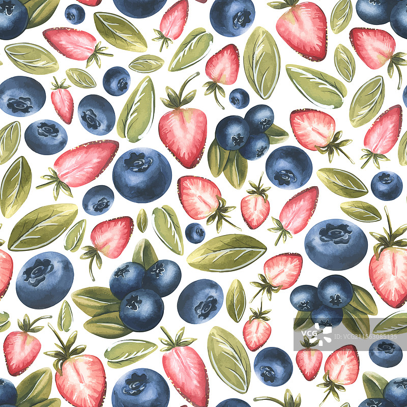 白色背景上的草莓、蓝莓和叶子图片素材