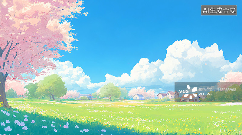 【AI数字艺术】春天蓝天白云草地乡村户外自然风景插画图片素材