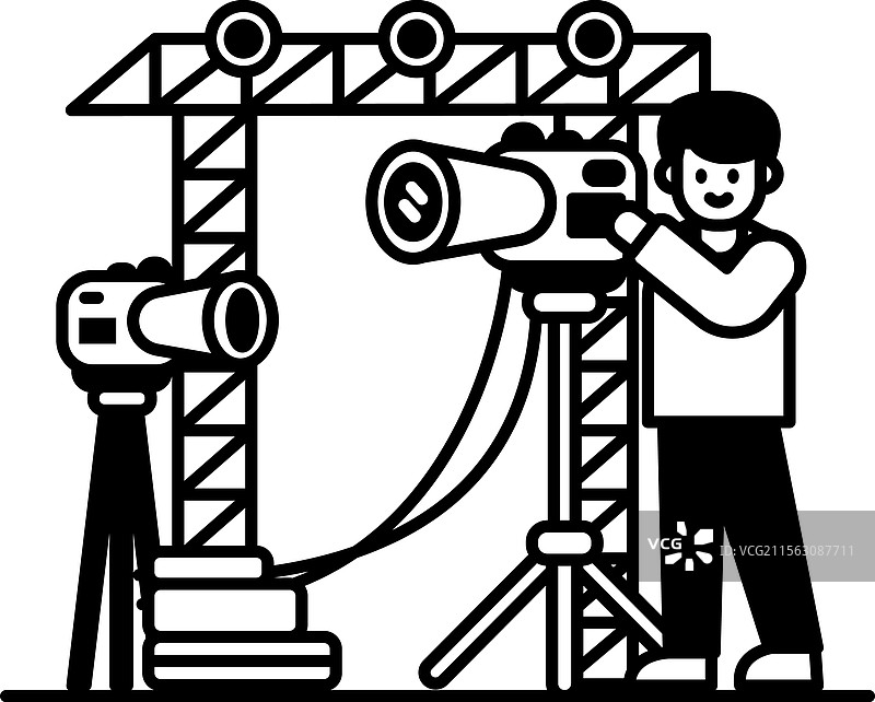 男子正在三脚架上安装相机图片素材