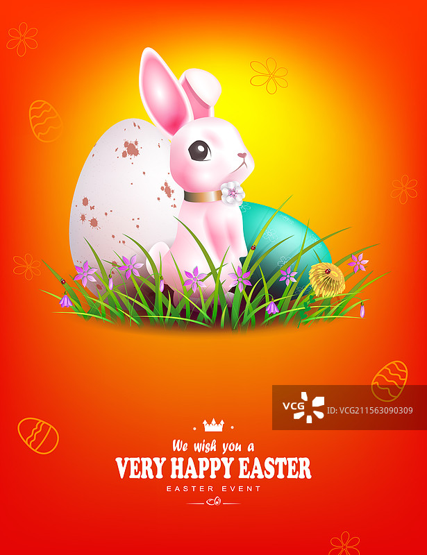 复活节橙色卡片，上面有可爱的粉色兔子和图片素材