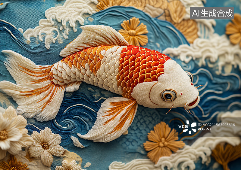 【AI数字艺术】刺绣风格的一条锦鲤金鱼图片素材