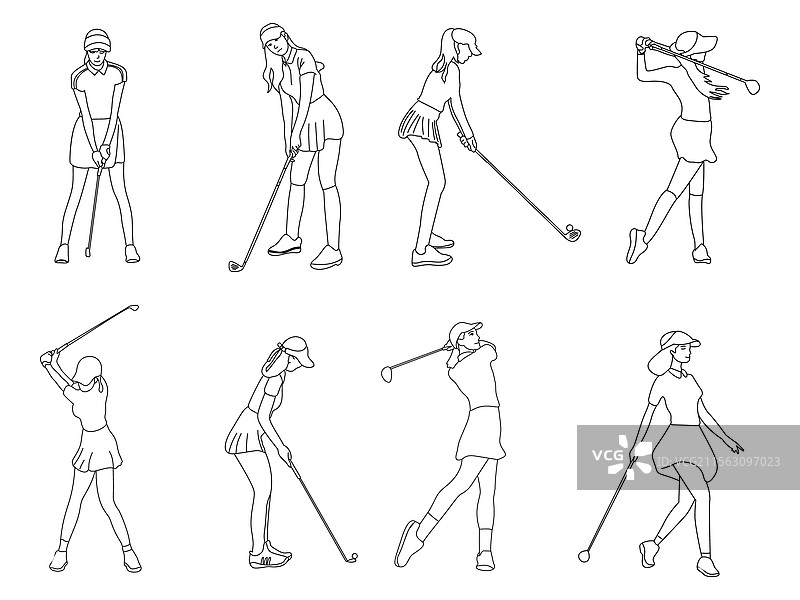 女孩以不同姿势打高尔夫球图片素材