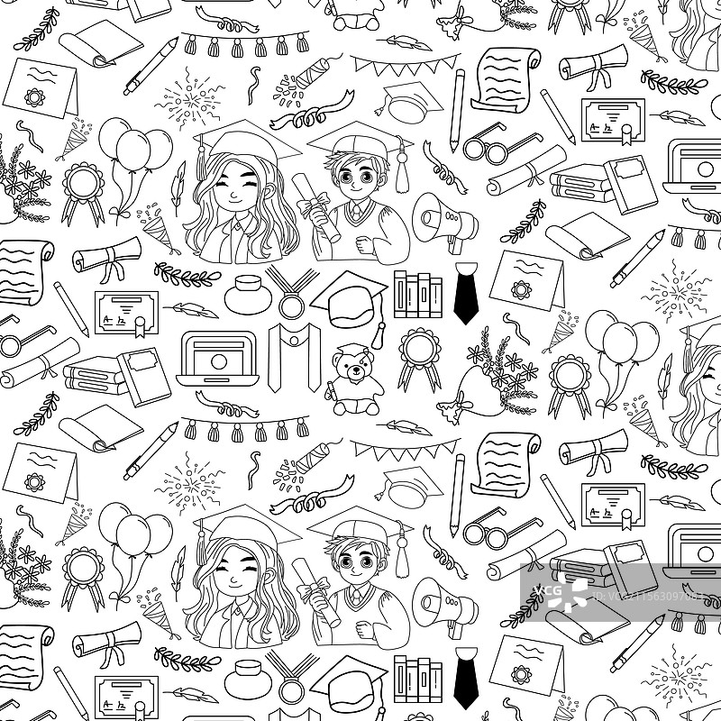 毕业涂鸦手绘无缝图案图片素材