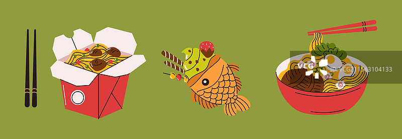 拉面、鲷鱼烧和外卖面条套餐图片素材