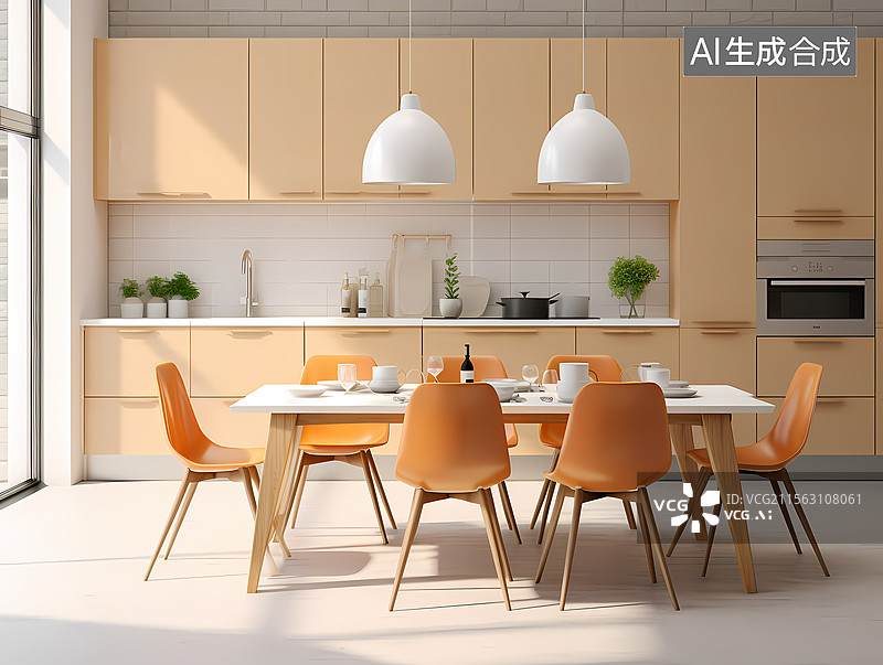 【AI数字艺术】现代浅米色厨房餐厅图片素材