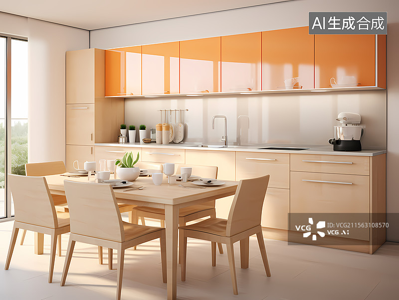 【AI数字艺术】现代浅米色厨房餐厅图片素材