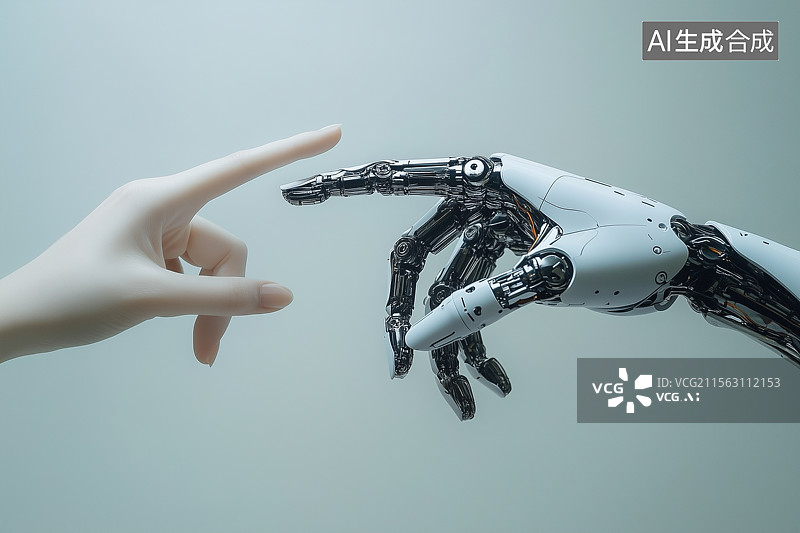 【AI数字艺术】人类的手指和机器人手指碰触图片素材