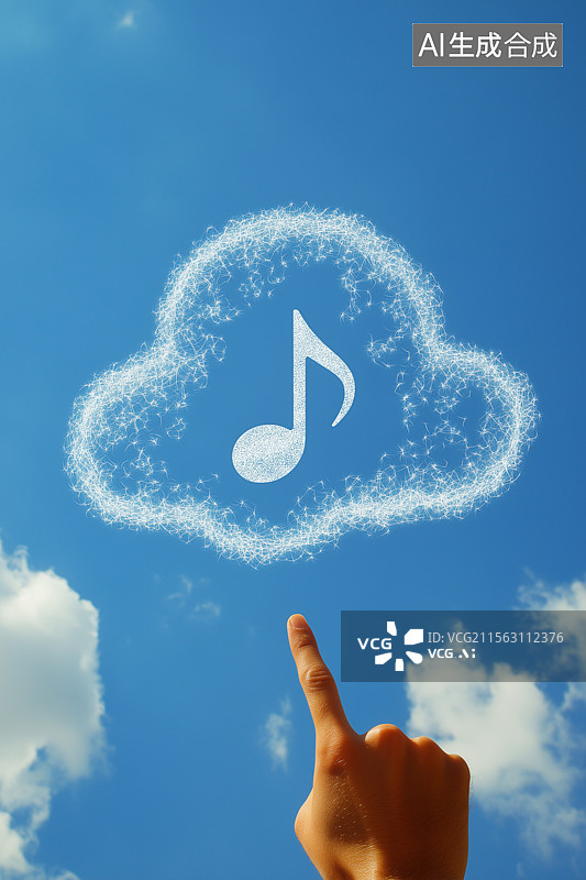 【AI数字艺术】一只手指向云彩组成的音乐符号图片素材
