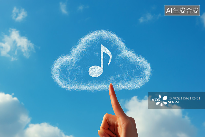 【AI数字艺术】一只手指向云彩组成的音乐符号图片素材