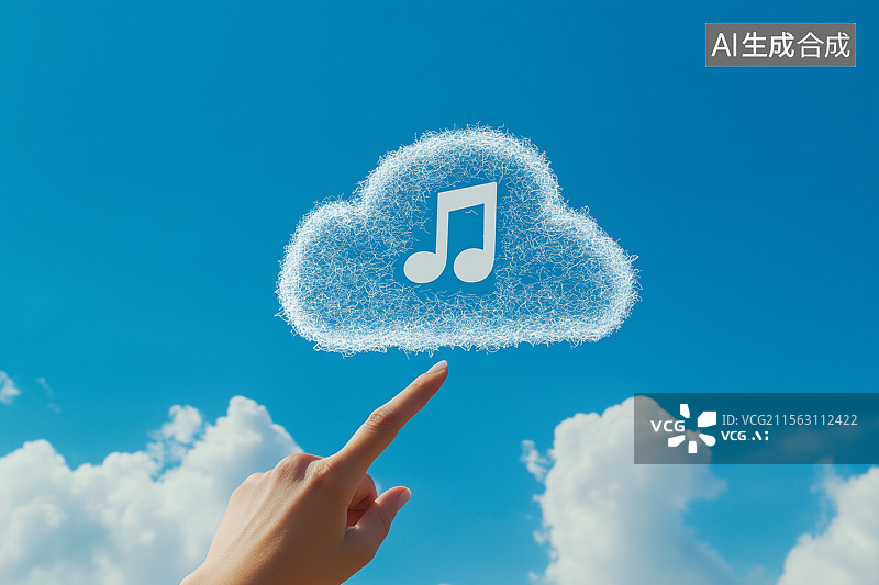 【AI数字艺术】一只手指向云彩组成的音乐符号图片素材