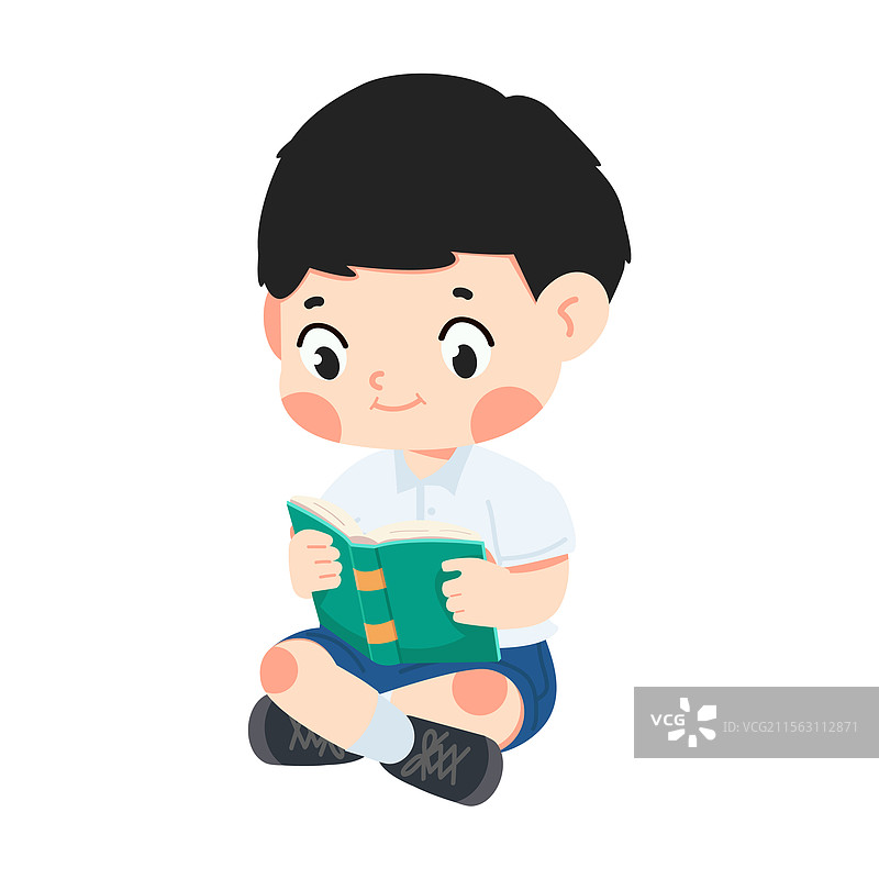 可爱的学生男孩穿着校服在阅读一本书图片素材