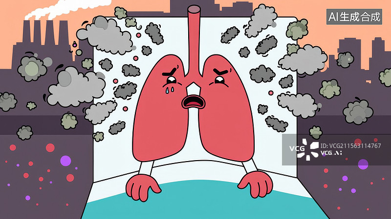 【AI数字艺术】吸烟与空气污染对肺的危害卡通画图片素材