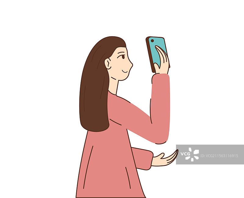 女孩手里拿着手机，站在她面前。图片素材