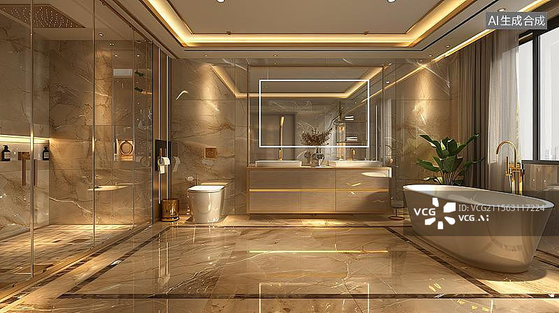 【AI数字艺术】室内浴室场景背景，现代风格公寓浴缸概念插图   浴室样板间 洗手台 浴缸图片素材