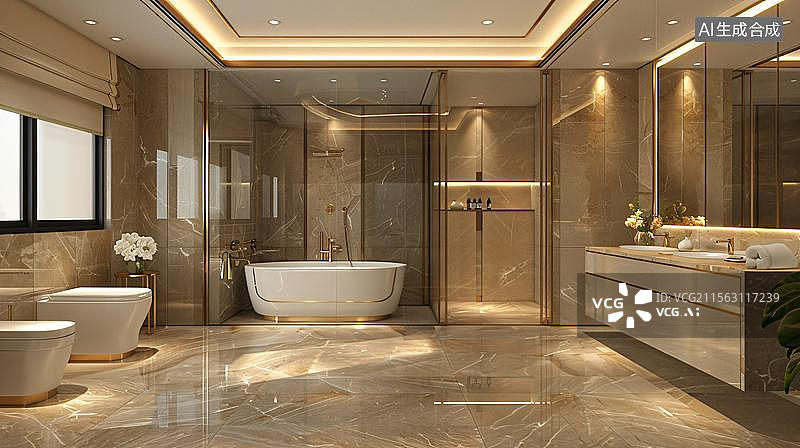 【AI数字艺术】室内浴室场景背景，现代风格公寓浴缸概念插图   浴室样板间 洗手台 浴缸图片素材