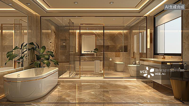 【AI数字艺术】室内浴室场景背景，现代风格公寓浴缸概念插图   浴室样板间 洗手台 浴缸图片素材