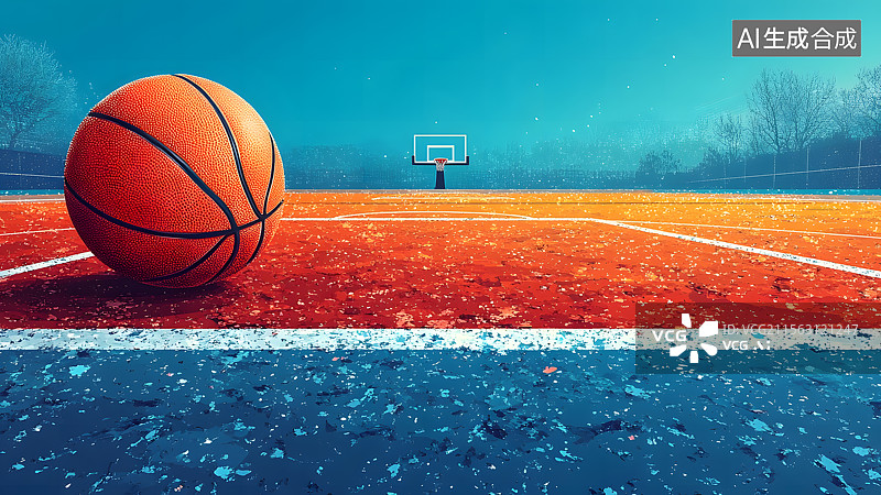 【AI数字艺术】篮球场上的篮球特写插画图片素材
